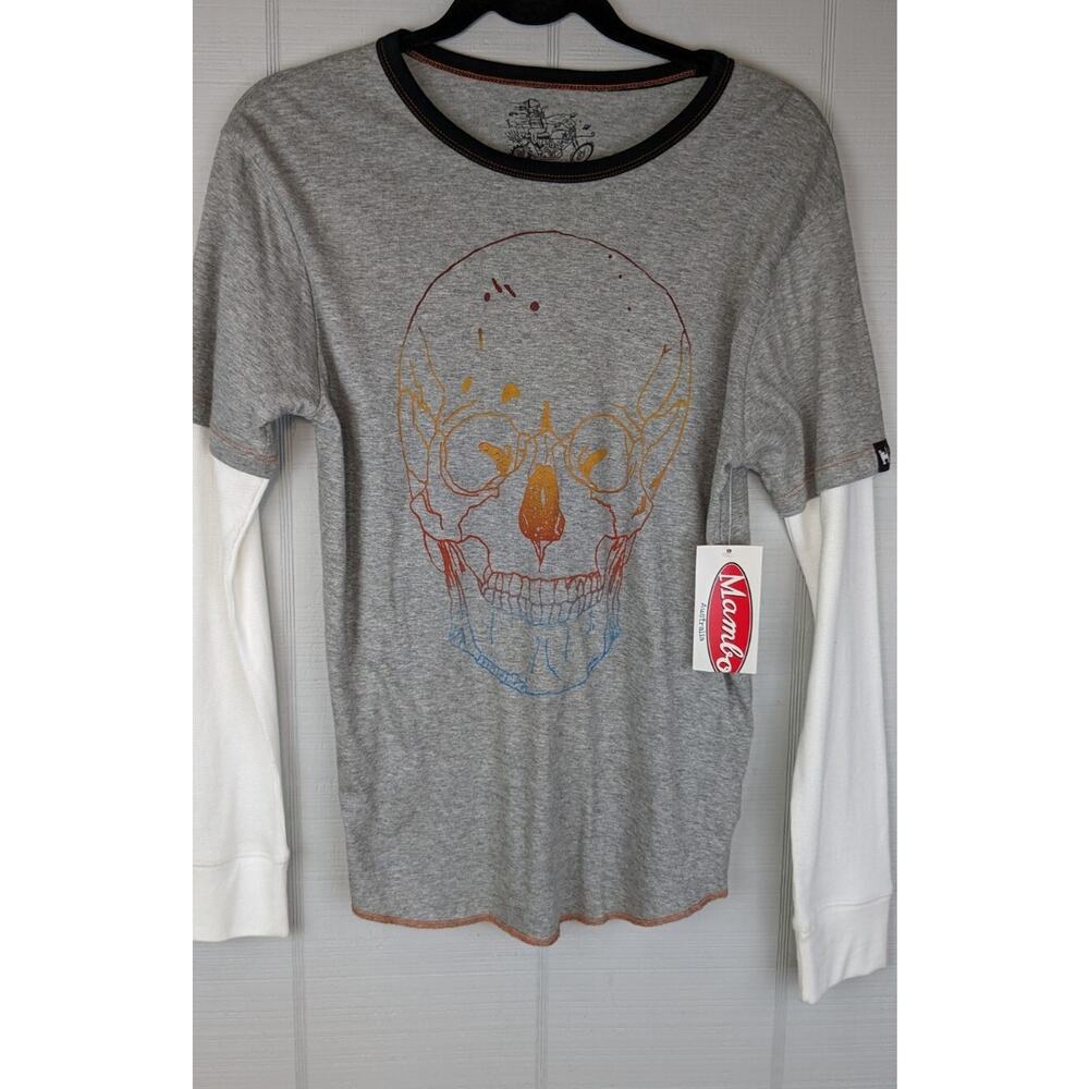 Mambo Australia Mens Gray Tshirt Long Thermal Sleeve Size Large Colorful Skull